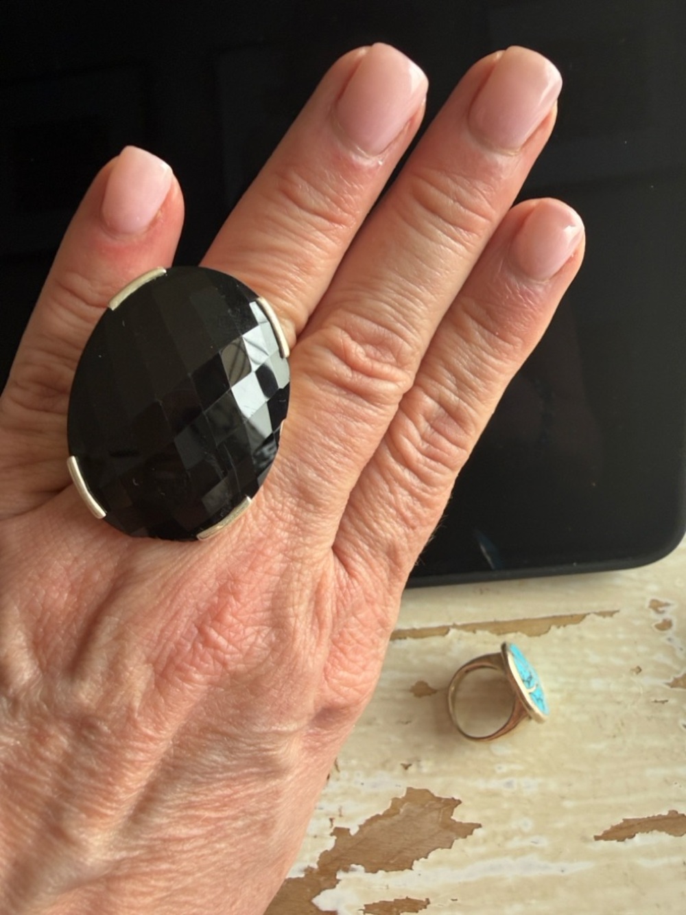 Thomas Sabo Black Faceted Oval Statement Ring. Large Stone 1.5”x 1.25”.